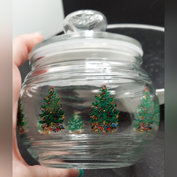 Vintage KIG Indonesia Clear Glass Christmas Trees Round Lidded Candy Trinket Jar - Picture 9 of 9